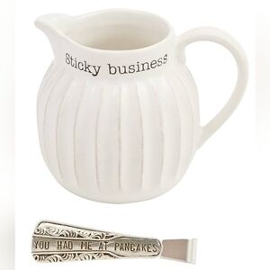 Mud Pie Syrup Pitcher & Pancake Tong Set, White 16oz